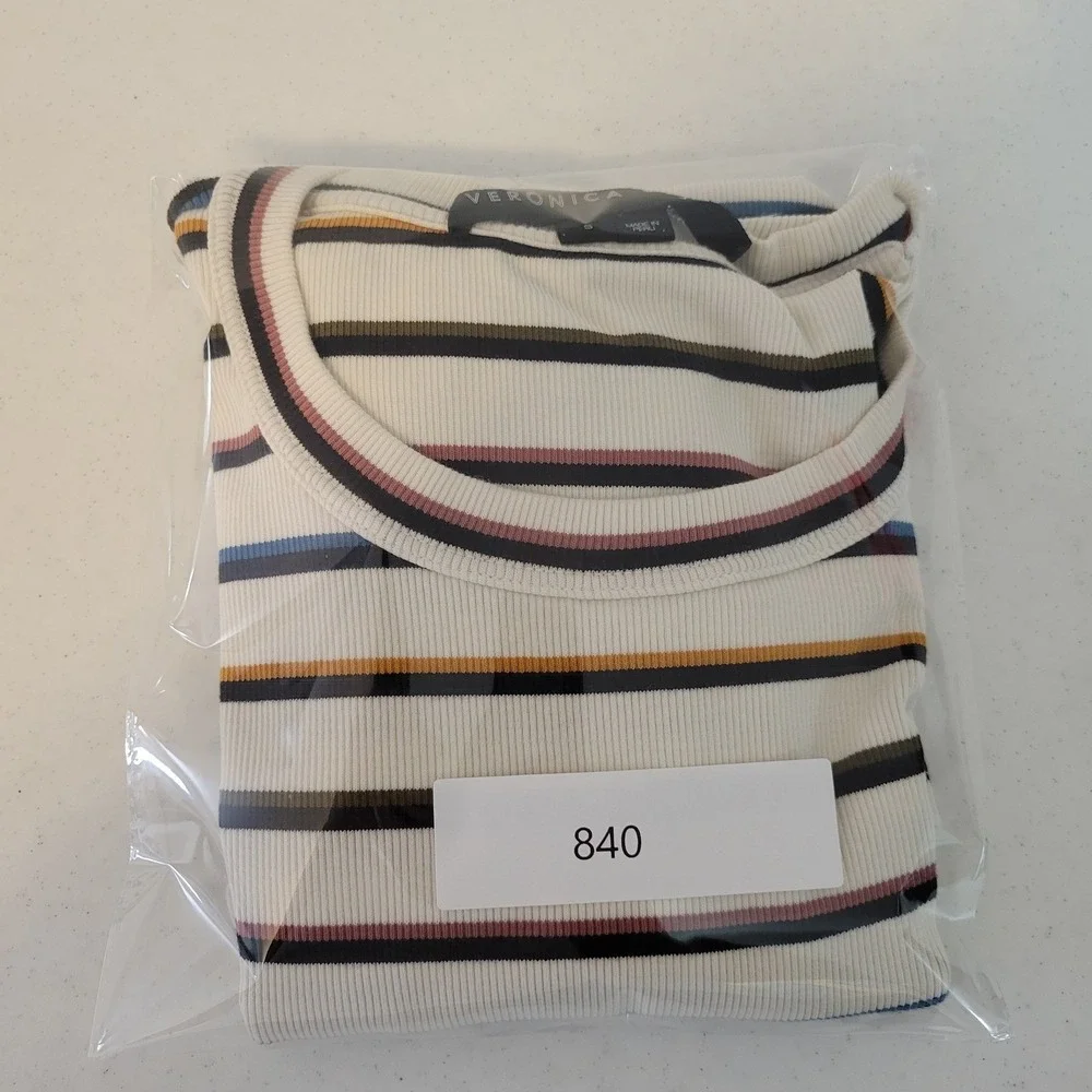 Veronica Beard Jean MultiColor Striped Ruffle Sleeve Ribbed Top Preppy Coastal S - Picture 15 of 15